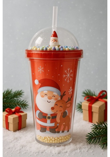 Desenli Renkli Pipetli Kupa Bardak Kar Taneleri Altında Noel Baba Ve Sevimli Geyik Suluk 450ml 2768a Çok Renkli