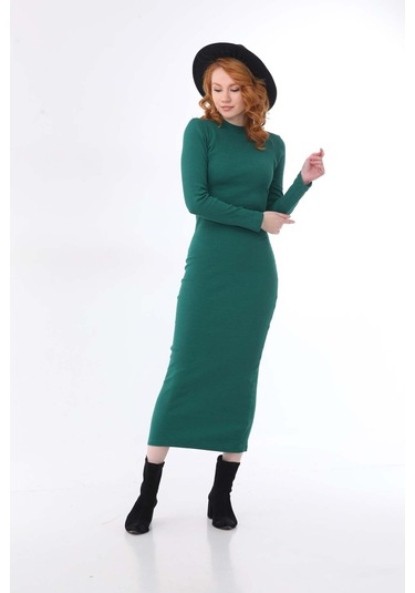 Kallima Yeşil Bodycon Dik Yaka Uzun Kollu Fitilli Elbise - 130 Cm Yeşil