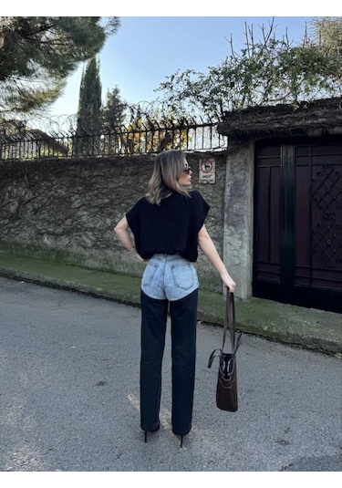 Tarzyeri Kadın Jeans Kot Parçalı Palazzo Pantolon - Siyah Beyaz