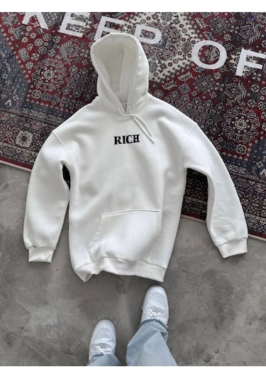 Efnaz Style Uzun Kol Kapşonlu Göğüs Baskılı Sweatshirt - Beyaz