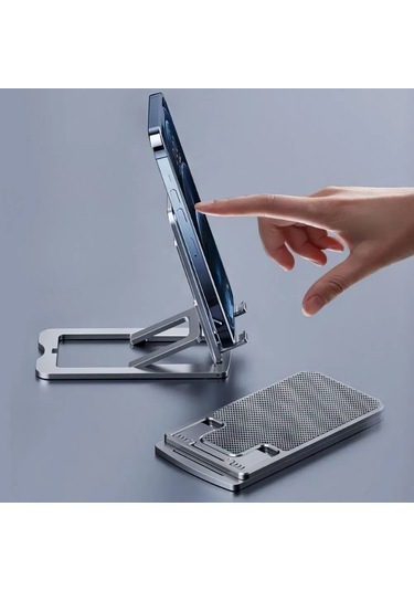 Vkemall Masaüstü Metal Telefon Desteği - Çift Katlı Çevirilebilir Açı - 13 İnç Tablet Uyumlu - Kaymazsız Tabanlı - Gümüş Renk