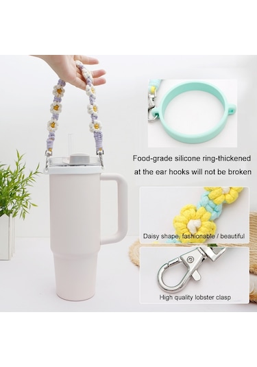 16-40 Oz Stanley Kupa Kordon Silikon Döngü Boho Papatya Sevimli Çiçek El Dokuma Kupa Kapağı Siyah