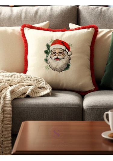 Noel Baba Nakışlı Fırfırlı Buldan Keteni Yastık Kılıfı 43 X 43 1 Adet Dolgusuz Çok Renkli