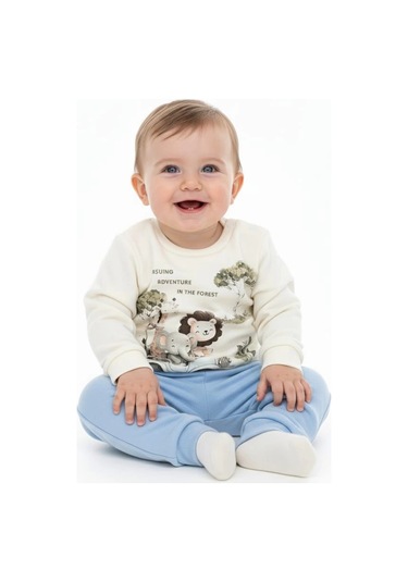 Erkek Bebek Orman Hayvanları Baskılı Alt Üst İkili Gündelik Takım Mavi