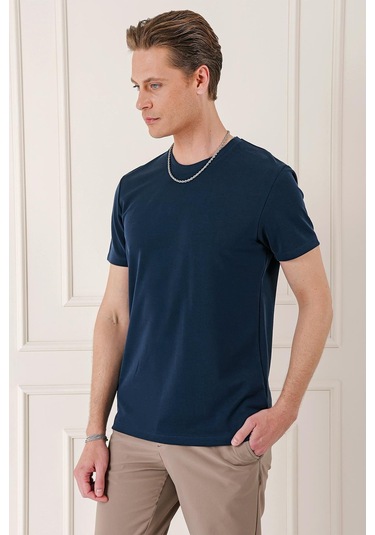 Slim Fit Bisiklet Yaka Pamuklu Lacivert Tişört Ts 880 Lacivert