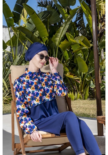 Mayom Tam Kapalı Crop Model Çiçek Desenli Tesettür Mayo-2523 Lacivert-desenli