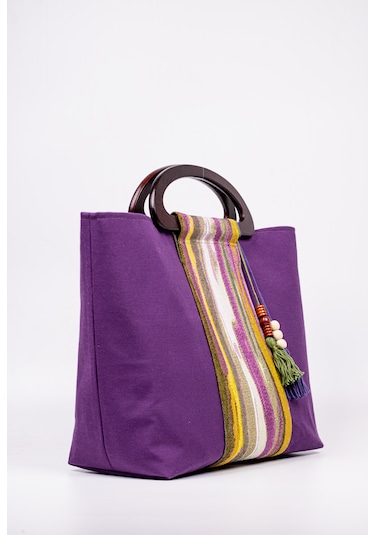 Fabric Craft Bag El Çantası Duck Kumaş Ahşap Saplı Mor Mor