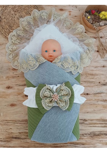 Yenidoğan Teri Cotton Taç Nakışlı Prizma Taş Kundak Bebek Battaniyesi Yeşil Çok Renkli