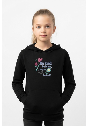 Kanguru Cepli Kapüşonlu Kız Çocuk Sweatshirt Be Kind Yazı Baskılı Siyah