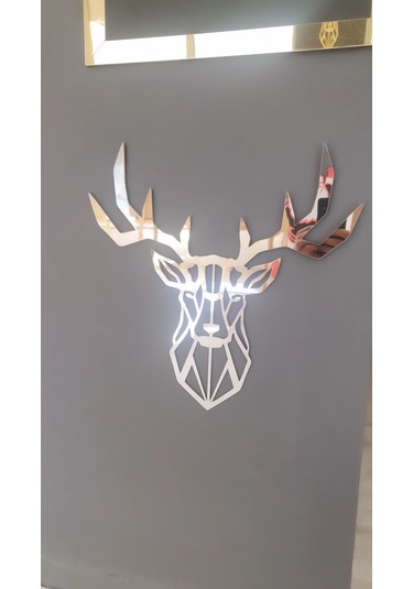 Geyik Kafası Figürü Ahşap Mdf Üzeri Aynalı Gümüş Pleksi 40x40 Cm