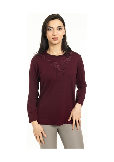 Yeni Sezon Kadın Orta Yaş ve Üzeri Yeni Desen Triko Yaka Likralı Anne Penye Bluz 30520-Bordo