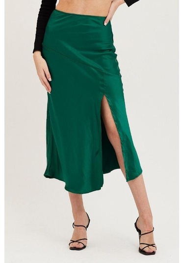 Yüksek Bel Saten Düz Renk Ayrık Uzun Büstiyer Etek Siyah