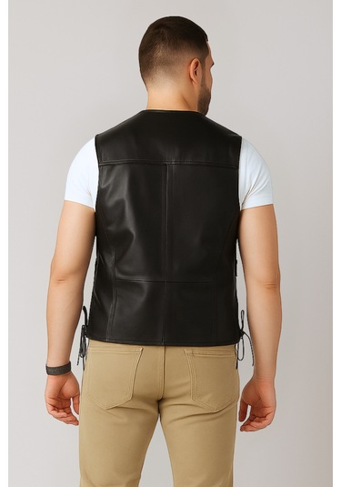 Derije Oregon Hakiki Deri Erkek Siyah Motorcu Tarzı Yelek Siyah
