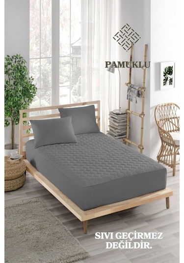 Sessiz Alez Gri Yatak Koruyucu Pamuklu Kapitoneli Fitted Çift Kişilik