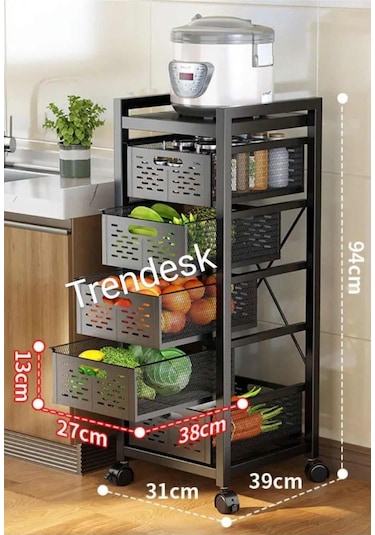Trendesk 5 Katlı Tekerlekli Metal Çok Amaçlı Patates Soğan Sebze Meyve Sepeti Sebzelik Siyah