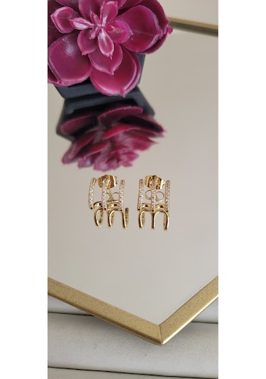 Çelik Zirkon Taşlı Gold Renk Kadın Küpe Altın