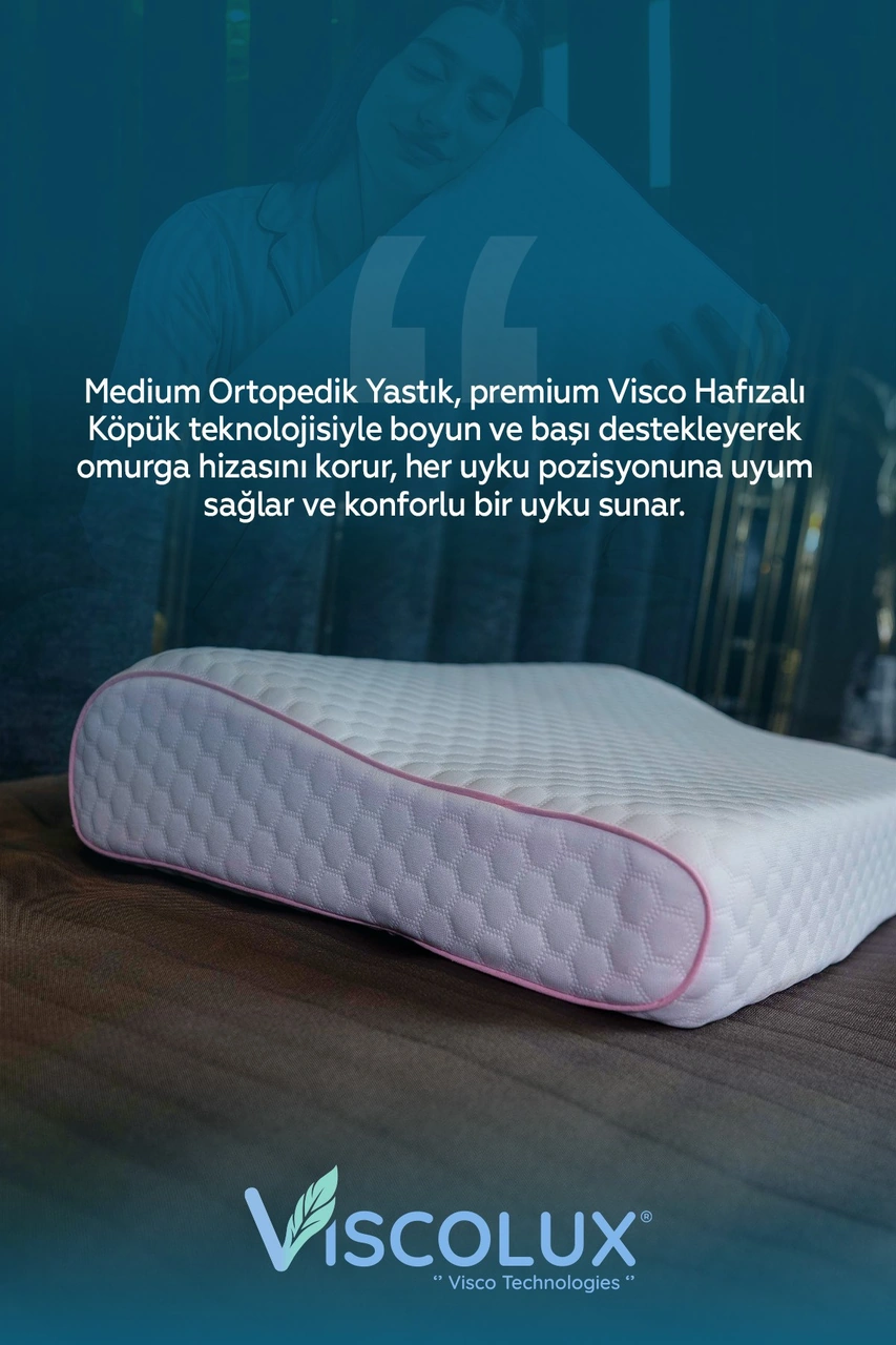 Medium Boy Ortopedik Yastık - Boyun Destekli Visco Yastık 56x36x11/7 Pembe