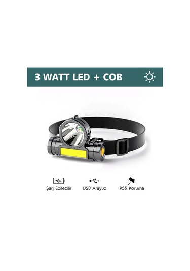 OL-108 Şarjlı Kafa Lambası Su Geçirmez Kafa Feneri 3 W + Cob Led Siyah