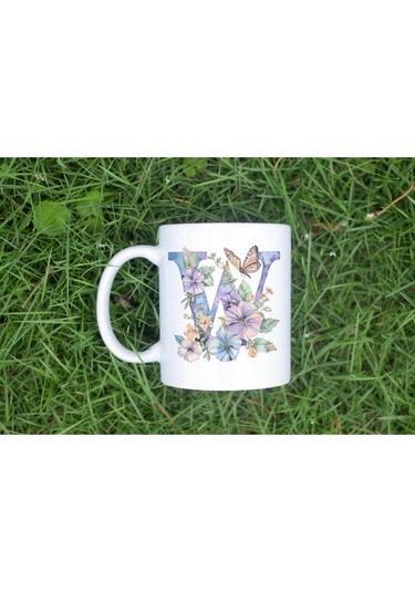 W Harfi Çiçekli Kupa Bardak - Soft Renk Çiçek Ve Kelebek Desenli Zarif Kahve Kupası - Bohem Beyaz