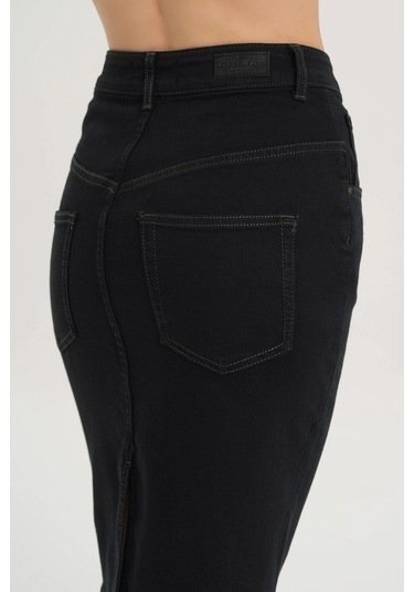 Cross Jeans  C 4990-005 Yüksek Bel Patı Fermuarlı Yırtmaçlı Esnek Kadın Jean Etek Siyah