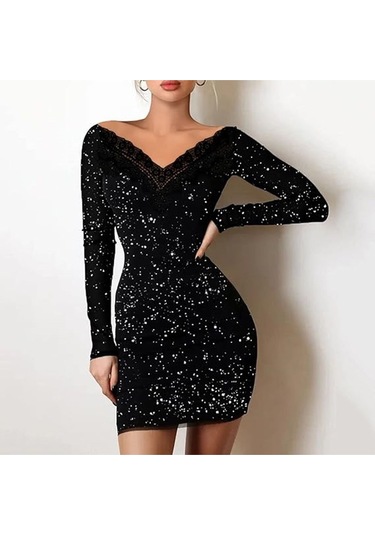 Siyah Uzeri Simli Kumastan Düşük Omuz Bodycon Elbise Siyah