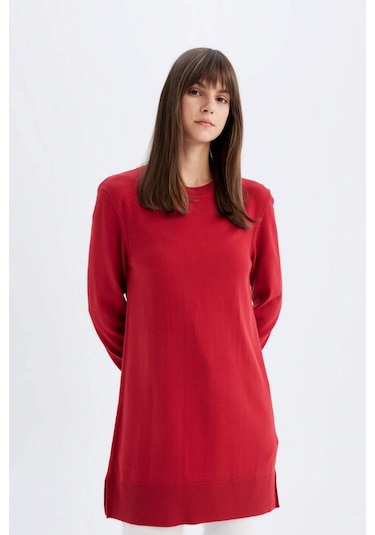 DeFacto Regular Fit Bisiklet Yaka Yırtmaçlı Basic Düz Triko Kazak Tunik H3431AZ24AURD332