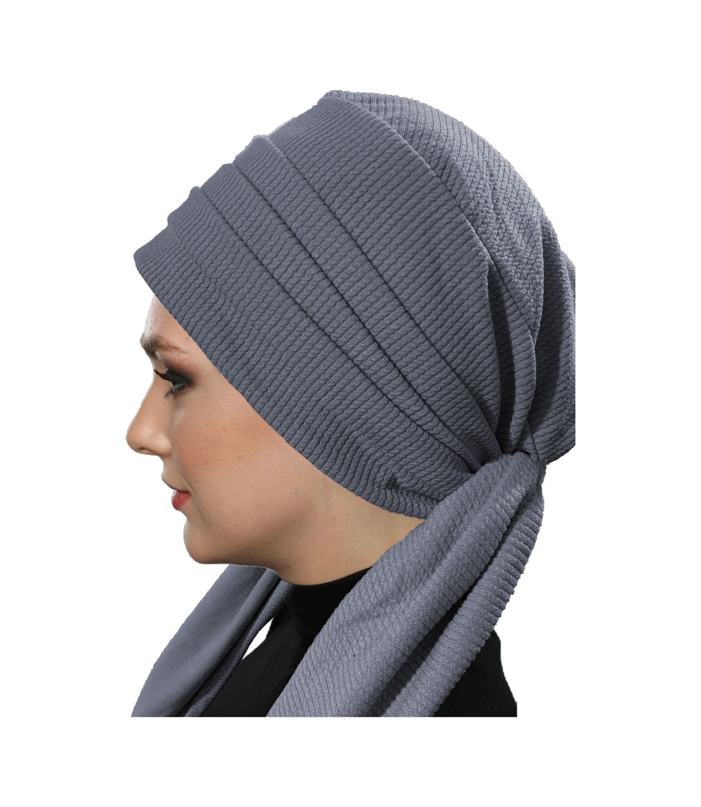 Fitilli Penye Bağlama Koyu Gri Hazır Türban Tesettür Bone Koyu Gri