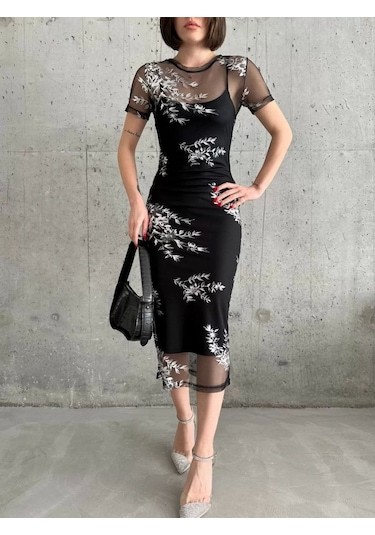 Kadın Baskılı Şifon Kimono Elbise - Siyah Siyah