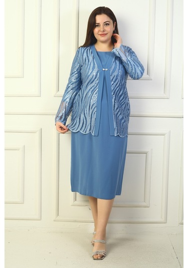 Kadın Pul Ve Sim İşlemeli Tül Ceket Uzun Kollu Astarlı Krep Elbise Büyük Beden 2'li Takım İndigo