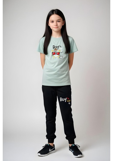 Fyk Kids Kız Çocuk Yuvarlak Yaka Baskılı Boy Cat Alt-üst Pijama Takımı Mint Yeşil Mint Yeşili