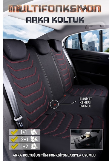 Renault Megane 2 Station Wagon Uyumlu Lüx Deri Detaylı Oto Koltuk Kılıfı Ön Arka Takım Carbon Siyah Kırmızı