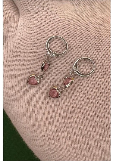 Kadın Gümüş Renk Kalpli Özel Tasarım Sallantılı Küpe Pembe