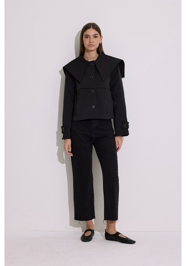 Geniş Yaka Crop Trençkot Siyah Siyah