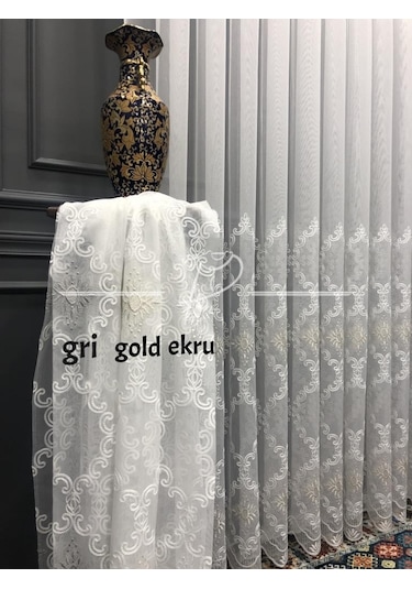 Tül Perde Taç Marka Etek Geniş Kurdale Nakış Işleme -26295 Çok Renkli