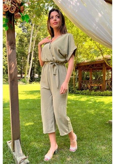 Kadın Yeşil Kruvaze Yaka Bağlama Detaylı Ayrobin Tulum Dpnb10049 Yesil