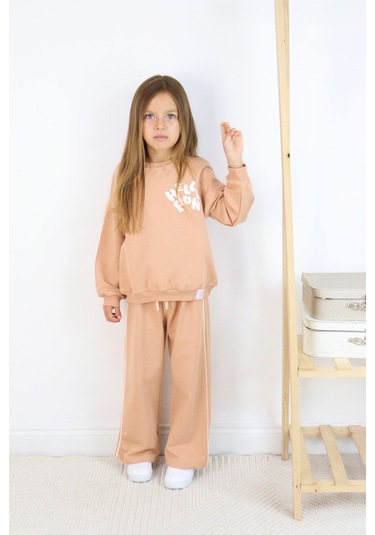Kız Çocuk Hello Fun Baskılı İspanyol Paça İki İplik Eşofman Takımı Açık Kahverengi