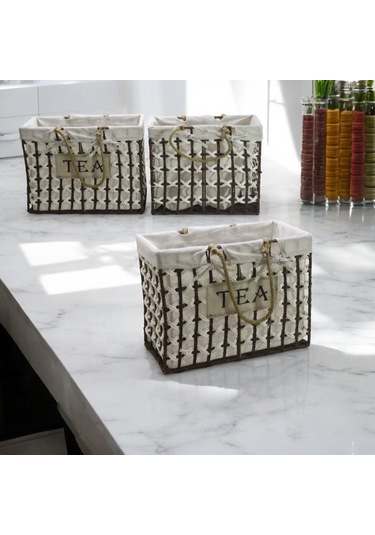 T.concept Dekoratif Halatlı Zarif Telli Çok Amaçlı Dikdörtgen Sepet Kahverengi- Beyaz Büyük L