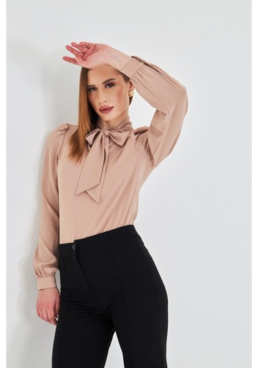 Büzgü Kol Fularlı Gömlek Vizon Vizon