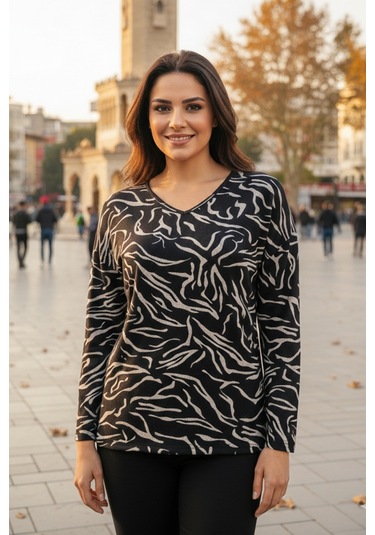 Barem Kadın Lina Büyük Beden Kışlık V Yaka Yumoş Siyah Bluz D07 Siyah