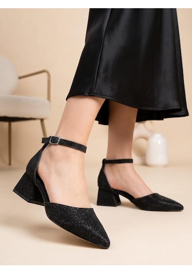 Nesilshoes Nesil Shoes Ermod 301 Siyah Simli Topuklu Kadın Ayakkabı