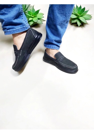 Erkek Nubuk Deri Siyah Beyaz Taban Dikişli Rahat Günlük Ayakkabı