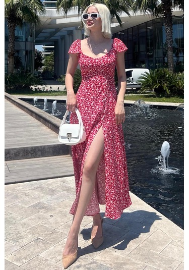 Madmext Kırmızı Desenli Yırtmaçlı Uzun Elbise Mg2004-kırmızı