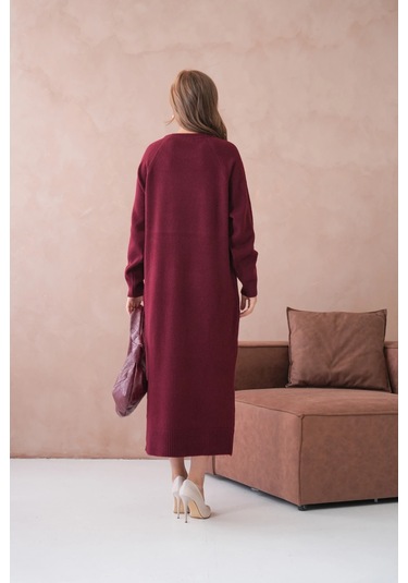 Kadın Bisiklet Yaka Yumuşak Dokulu Maksi Boy Şardonlu Oversize Triko Elbise 8324sw Bordo