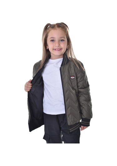 Kız Çocuk Haki Kolej Yaka İçi Astarlı Su Ve Rüzgar Geçirmez Fermuarlı Cep Mont Ceket Haki