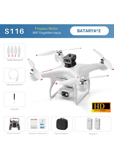 S116 Max Drone BEYAZ Fırçasız Motor 2 Batarya Ile 30 Dakika Uçuş 1080P Hd Çift Kamera Engelden Kaçınma