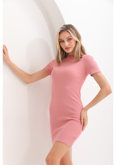 Kallima Pembe Vücuda Oturan Kısa Kollu Mini Fitilli Esnek Kalem E Pudra Pembe