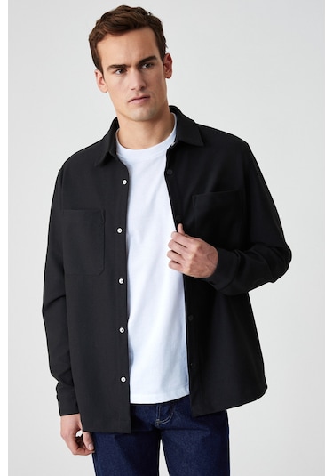 Jakarı Erkek Regular Fit Standart Kesim Klasik Yaka Desenli Çıtçıtlı Siyah Gömlek