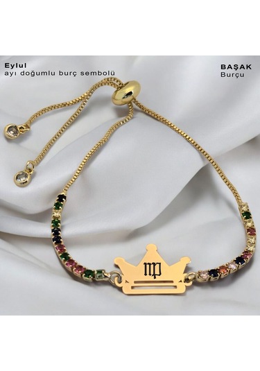 Eylül Ayı Doğumlarına Renkli Taş Desenli Taç Motifli 14 Ayar Altın Plakalı Hediye Bileklik-489ay Eylül