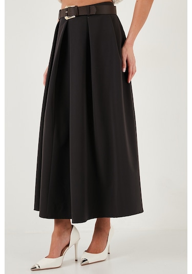 Lela Modest Kemerli Comfort Fit Yüksek Bel Pileli Kloş Uzun Tesettür Bayan Etek 6833360 Koyu Kahve