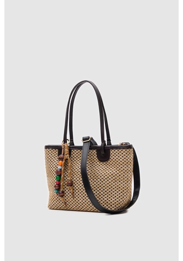 Roen Hasır Omuz Çantası Kahverengi Kahverengi - Siyah - Bej